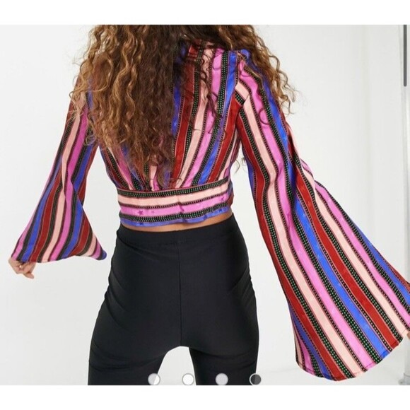 Topshop Striped Long Sleeve Tie Front Crop Top Stars 4th of July Women’s Size 2 - Picture 2 of 15